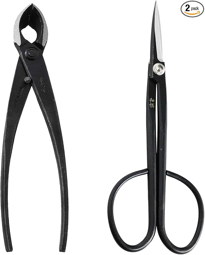 Wazakura Bonsai Tool Kit Made in Japan, Twig Bonsai Scissors 8-1/4 in (210mm) + Concave Branch Cutter 8 in (200mm) Starter Set (Yasugi Steel Twig Scissor+Concave Cutter)