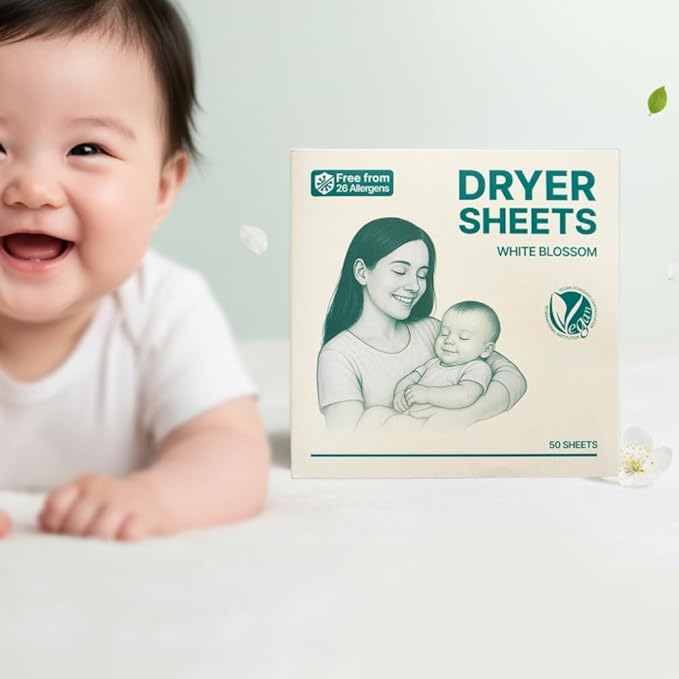 SUNNYGRIN Premium Hypoallergenic Vegan Dryer Sheets – Clinically Tested for 26 Allergens, Advanced Static Control & Long-Lasting Fragrance – Luxury Fabric Care Sheets(50 count)