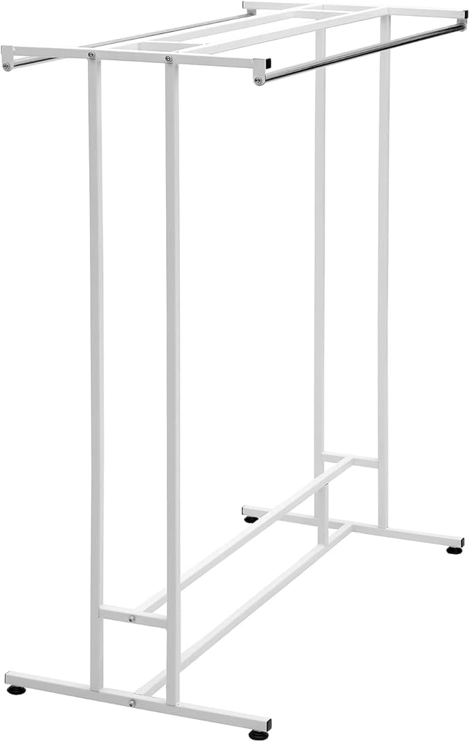 MyGift White Stainless Steel Freestanding Garment Rack, Heavy Duty Double Rod Clothes Rack Clothing Hanger Stand with Storage Display Shelf