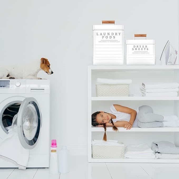 KOANEssentials Farmhouse Metal Laundry Pods Container with Dryer Sheet Holder for Laundry Room Organization and Storage, Farmhouse Decor, Eco Frendly,Holds 200 Laundry Pods and 300 Dryer Sheets