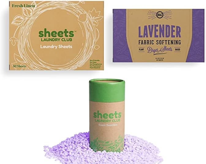 Sheets Laundry Club Bundle - 50 Pack (up to 100 loads) Fresh Linen Detergent Sheets, 40 Pack Vitality Dryer Sheets & 8 Oz. Sea Breeze Scent Booster - New Liquidless Technology