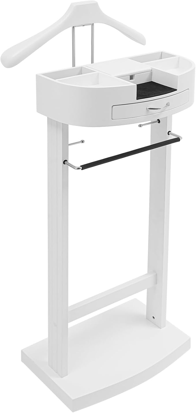 Suit Valet Stand Wood Valet Stand for Man, Wooden Clothing Valet Stand with Contour Hanger, Tray, Trouser Bar, Tie Bar and Base, Mens Valet Stand for Entryway Office Living Room (White)