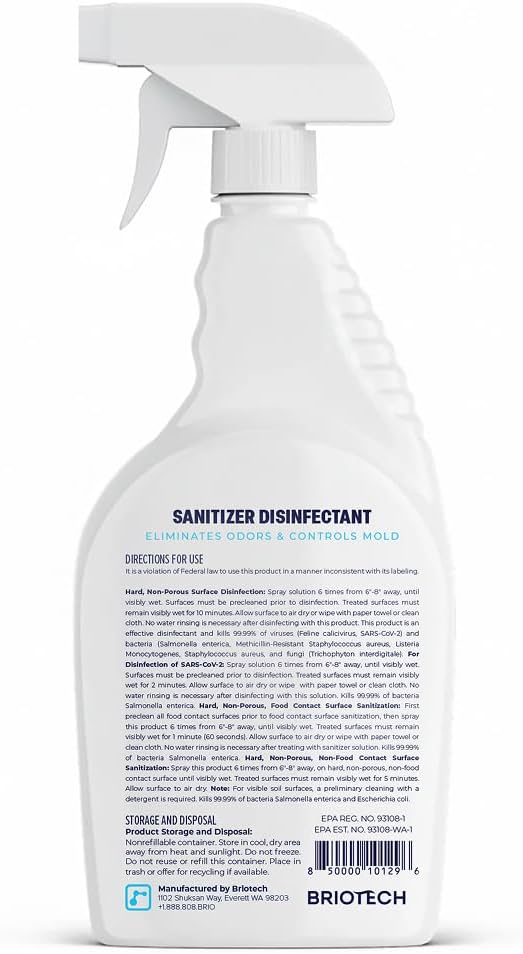 BRIOTECH Sanitizer Disinfectant Hypochlorous Spray, Kill 99.99% of Viruses & Bacteria, Control Mold, Eliminate Odor, Gentle for Nursery & Play Rooms, Food Contact Surface Sanitizer, 32 fl oz (12 Pack)