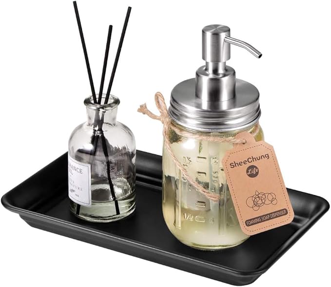 Vintage Farmhouse Decor Metal Vanity Tray, Countertop Guest Hand Towel Storage Organizer Tray Dispenser, Sturdy Holder for Perfume, Cosmetics, Jewelry, Makeup Bathroom Organizer (1 Pack, Black)
