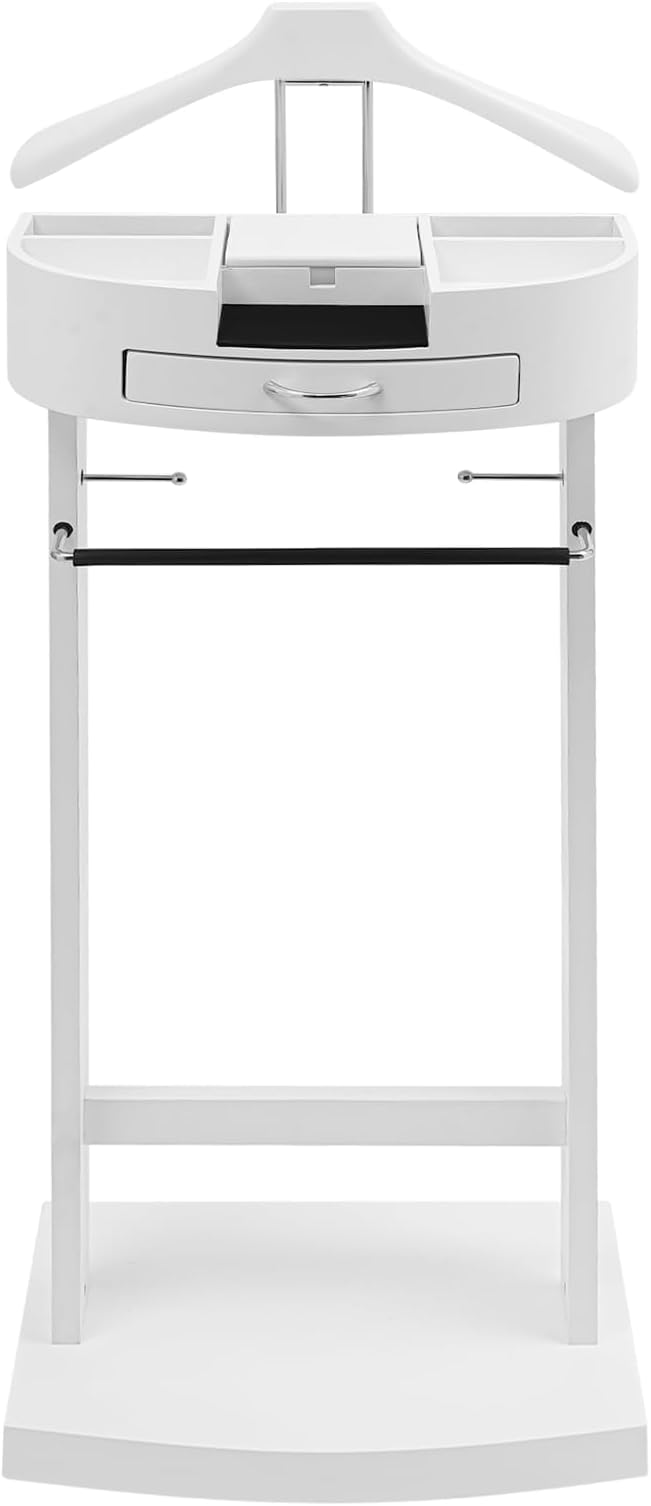 Suit Valet Stand Wood Valet Stand for Man, Wooden Clothing Valet Stand with Contour Hanger, Tray, Trouser Bar, Tie Bar and Base, Mens Valet Stand for Entryway Office Living Room (White)