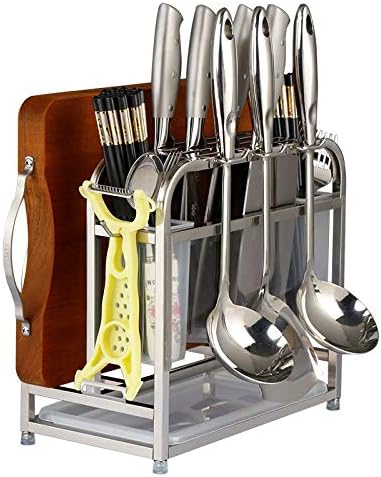 Knife Holder Storage Organizer with Hooks, Stainless Steel Knife Block Holder Cutting Board Rack,Kitchen Utensils Holder with Drainer Tray for Kitchen Countertop