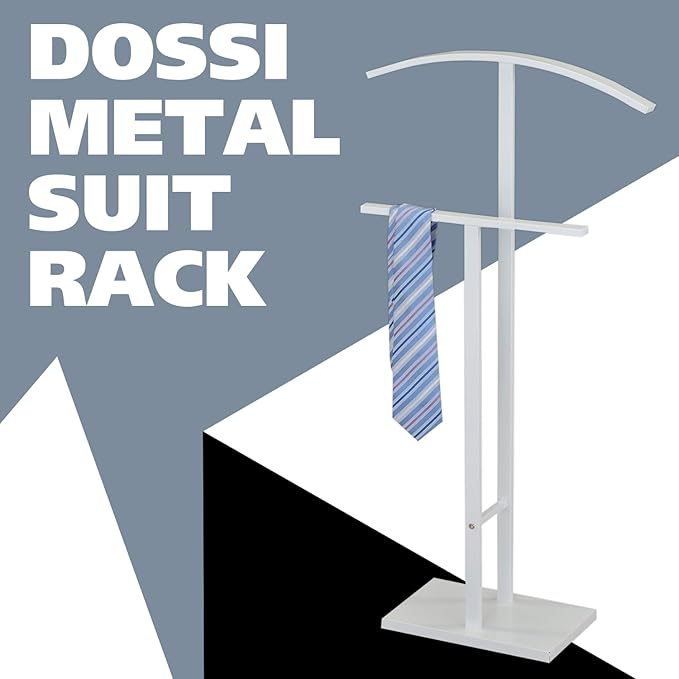 Kings Brand Furniture Dossi Modern Metal Suit Valet Stand, Clothes Rack Organizer with Jacket, Pants & Tie Holder, Space-Saving Garment Rack for Bedroom or Closet (White)