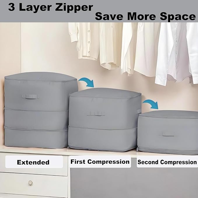 Ultra Space Saving Self Compression Organizer, 3-Layer Zipper Large Capacity Blanket Bags, Thickend Satin Fabric Comforter Storage Bag for Comforters, Clothes, Blankets (X-Large, Gray, 2PCS)
