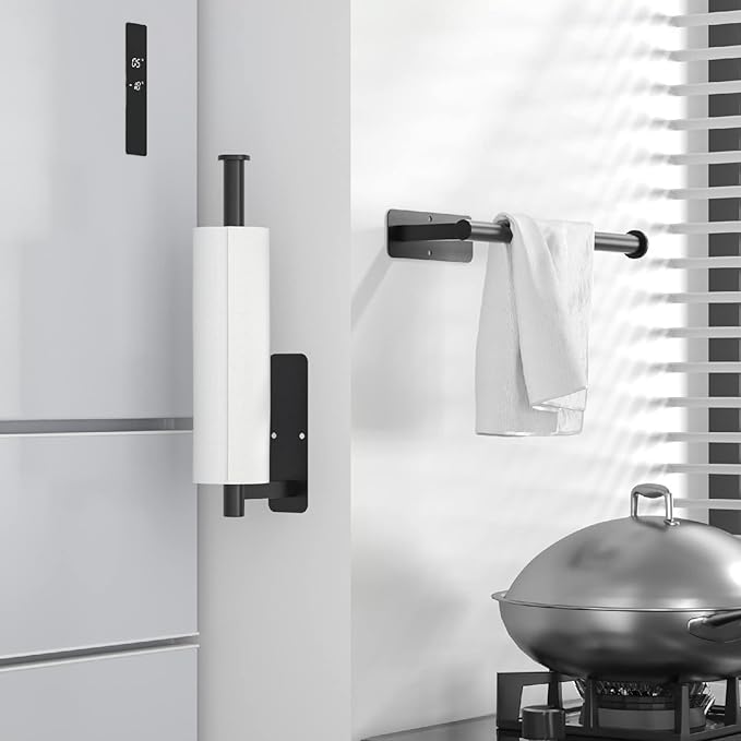 ASTOFLI Paper Towel Holder Under Cabinet No Drilling, Self Adhesive Paper Towel Holder Wall Mount for Kitchen Rack, Under Counter Napin Holder No Drill, RV, 304 Stainless Steel, Matte Black