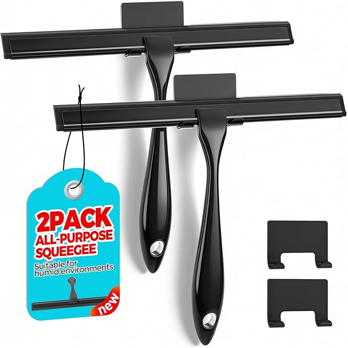 2PACK All-Purpose Shower Squeegee for Shower Doors, Tile Shower Walls, Bathroom, Window, Glass and Car Windshield, Mirrors and Kitchen-Stainless Steel, 9.5 Inches, Black