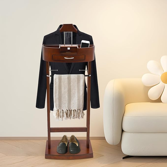 Valet Stand for Man and Women, Wood Suit Rack Suit Valet Stand with Top Tray, Storage Drawer, Bottom Shoe Rack, Freestanding Clothes Rack for Living Room, Entryway, Bedroom, Office, Black (Brown)