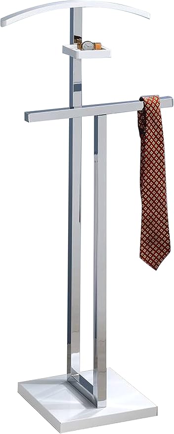 Kings Brand Furniture Vaccaro Metal Suit Valet Stand – Freestanding Clothes Organizer with Jacket Hanger, Pants Bar, Tie Holder & Storage Shelf – Modern Bedroom Garment Rack, White/Chrome