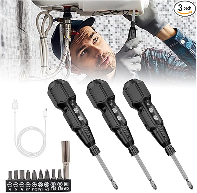 Electric Screwdriver Cordless Rechargeable Power Screwdriver Set, Portable Automatic Home Repair Tool Kit with LED Lights & USB Charging Cable for Men (3PCS)