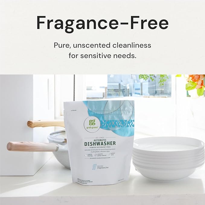 Grab Green Natural Dishwasher Detergent Pods, Free & Clear/Unscented, 60 Count, Fragrance Free, Organic Enzyme-Powered, Plant & Mineral-Based