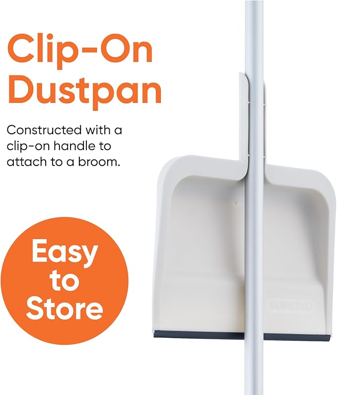 Superio Clip-On Dustpan with Rubber Lip - 10-inch Wide Durable Plastic Dust Pan with Comfort Grip Handle, White, 2-Pack