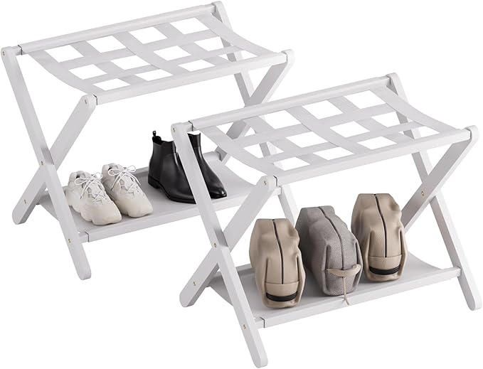 HITNET White Luggage Rack, Set of 2, Folding Suitcase Stand with Storage Shelf, Bamboo Luggage Holder with 5 Nylon Straps for Guest Room Bedroom Hotel