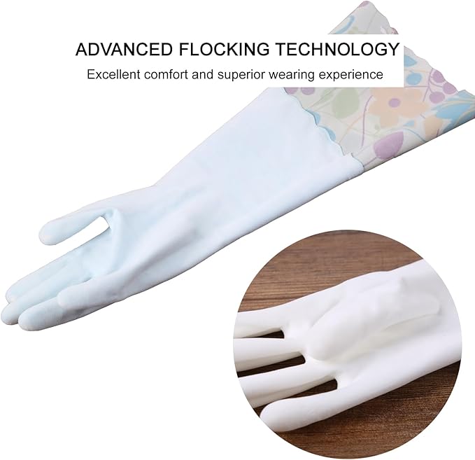 Bamllum 3 Pairs Rubber Cleaning Gloves, Household Kitchen Dishwashing Gloves with Cotton Flocked Liner, Long Cuff 16 Inches (Blue+Yellow+White, Small)