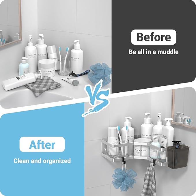 AKTECKE Corner Shower Caddy Shelf Rack: 2 Pack Adhesive Shower Organizer Essentials - No Drilling Stainless Steel Bathroom Storage Rack with Hooks and Toothpaste Holder