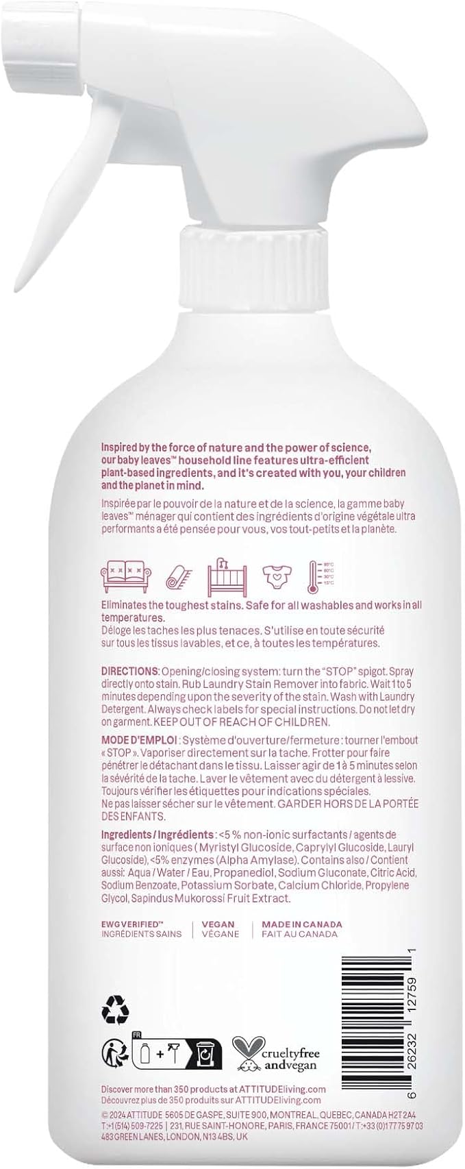 ATTITUDE Baby Laundry Stain Remover, Plant and Mineral-Based Ingredients, Vegan and Cruelty-free Household Products, Unscented, 27.1 Fl Oz
