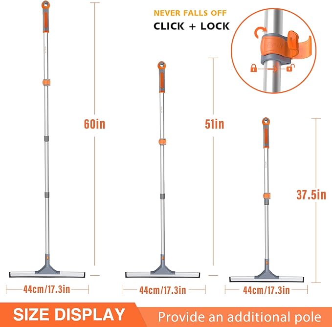 Eazer Floor Squeegee Broom: Heavy Duty Scrubber with Extendable 60'' Aluminum Pole and Rubber Blade for Kitchen, Swimming Pool, Concrete Floors,Shower,Tiles,Garages,Windows,Glass,Pet Hair Removal