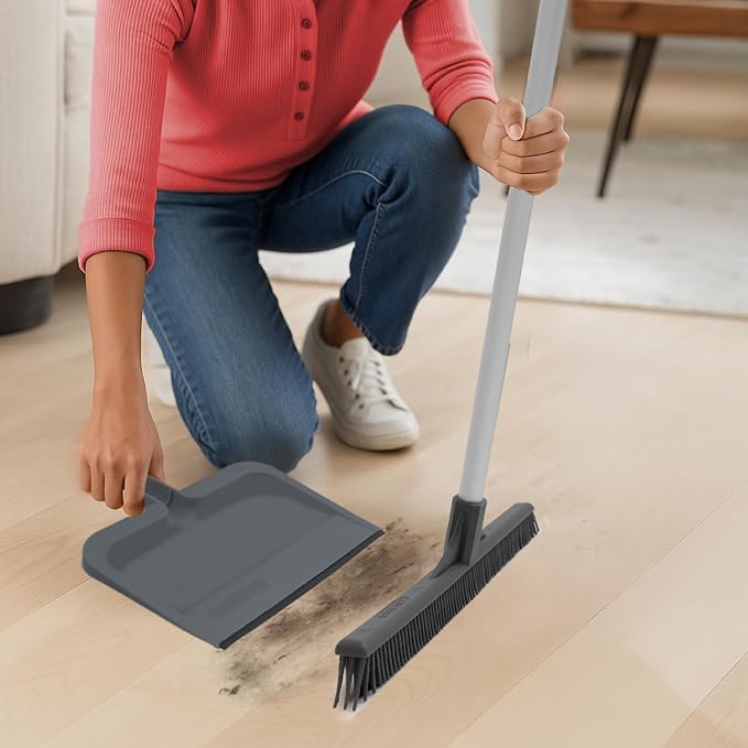 Superio Clip-On Dustpan with Rubber Lip - 10-inch Wide Durable Plastic Dust Pan with Comfort Grip Handle, Lightweight Multi Surface, Heavy Duty, Easy Sweep Broom Gray