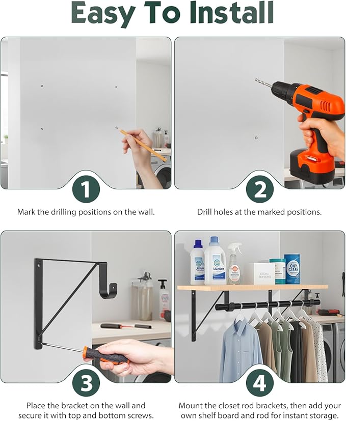 Supforce 4 Pack Closet Rod Bracket, Heavy Duty Closet Rod Support with Rod Holder, Wall Mounted Closet Shelf Brackets with Triangle Stabilizing Design for Closet, Bathroom and Kitchen, Black