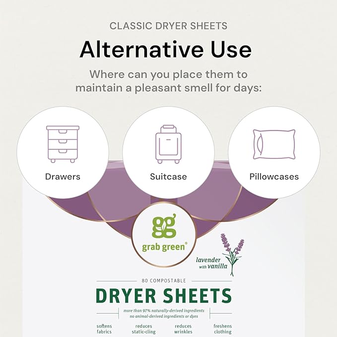 Grab Green Dryer Sheets, 160 Sheets, Vetiver Scent, Plant and Mineral Based, Compostable, Softens Fabrics, Reduces Static Cling and Wrinkles