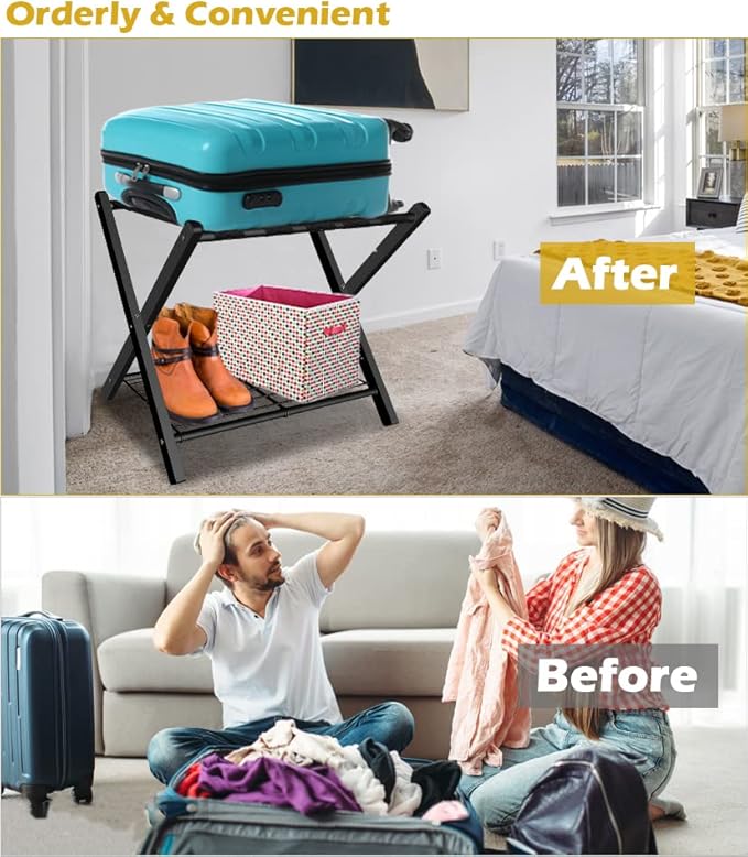 mocomax 2 Pack Folding Luggage Rack for Guest Room, Foldable Suitcase Stand Holder with Metal Storage Shelf for Bedroom, Living Room, Hotel Essentials, Heavy Duty Steel Frame, Black
