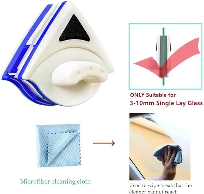 Double Sided Window Cleaner - Magnetic Window Glass Wiper Cleaning Tool for with Microfiber Cleaning Cloth (Blue) High-Rise Household Clean Windows Thickness 0.1''-0.3'' (Blue)