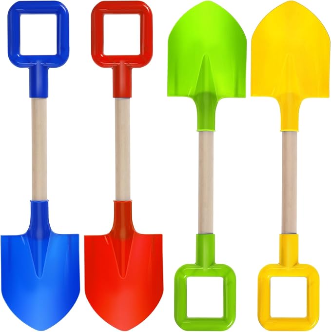 Honoson 4 Pack 16 Long Beach Spades Sand Shovels Toys Gardening Tools Sets Sandbox Sturdy Scoop Durable Wood Handle ABS Plastic Spade for Garden Sand Snow Backyard Summer Favors (Bright Color)