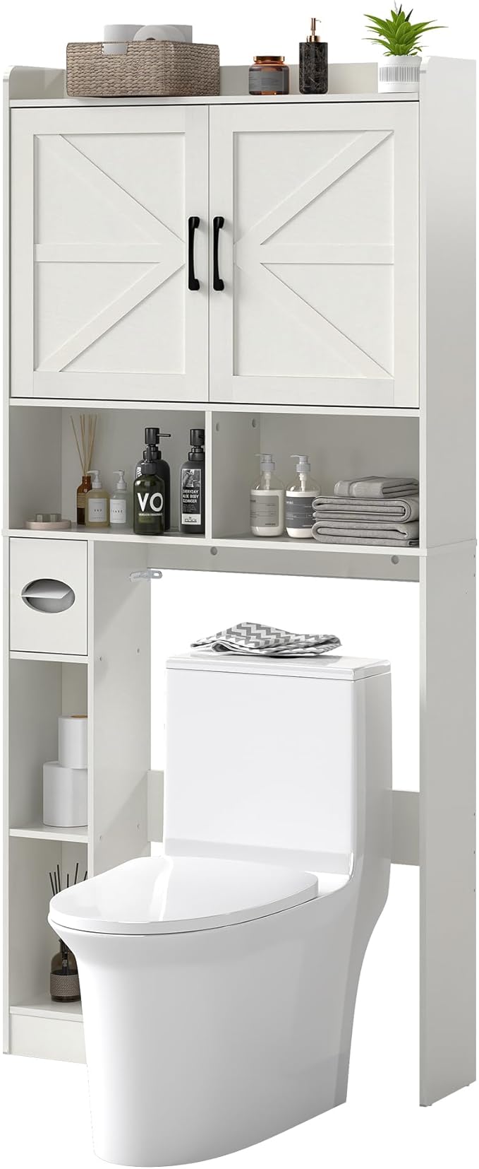 Over The Toilet Storage Cabinet, 32" W Over Toilet Bathroom Organizer with Toilet Paper Holder Stand, Home Space-Saving Toilet Rack with Shelves for Bathroom, Restroom (2 Barn Doors, White)