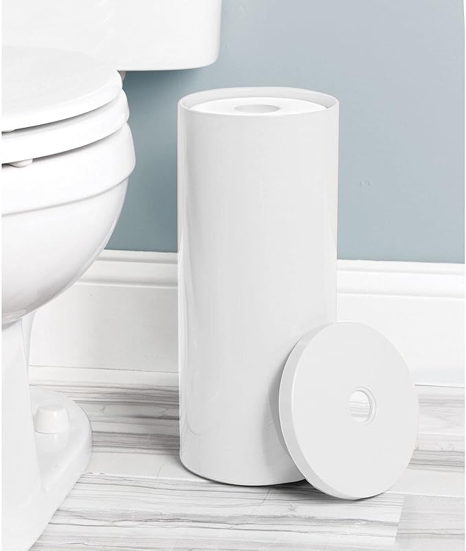 mDesign Plastic Floor Stand Toilet Paper Organizer with Cover, 3-Roll Space-Saving Tissue Storage for Bathroom - Fits Under Sink, Vanity, Shelf, in Cabinet, Corner - Aura Collection - 2 Pack - White