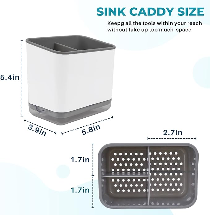 KeFanta Sink Counter Caddy, Plastic Dish Sponge Holder, Kitchen Brush and Scrubber Organizer with Drain Tray, White