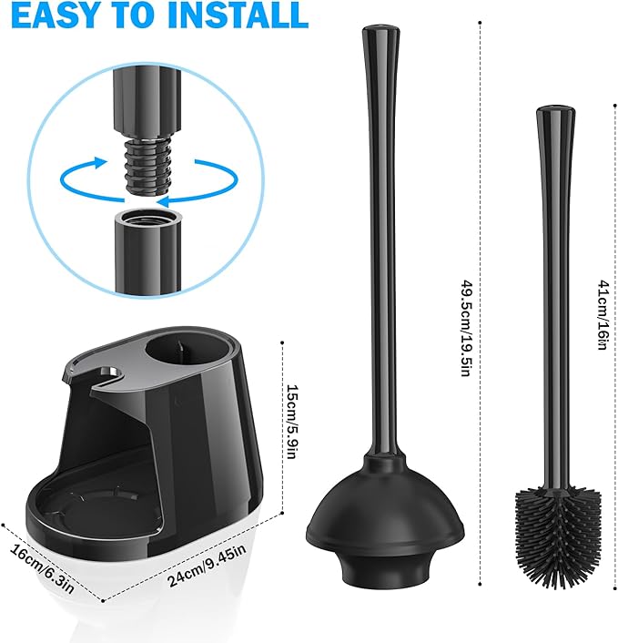 Toilet Plunger and Brush Set, Silicone Bowl Brush and Heavy Duty Toilet Plunger with Ventilated Holder, 2-in-1 Toilet Brush and Plunger Combo for 5.3-inch Toilet Drain Bathroom Deeply Cleaning (Black)