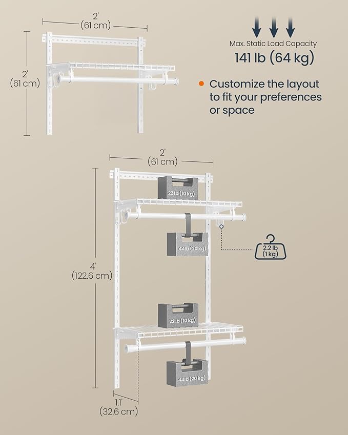 SONGMICS HOME Closet System, Closet Insert Organizer, 2 ft, Adjustable Metal Shelving Unit with 2 Hanging Rods, 2 Shelves, and Hooks, for Pantry Mudroom Garage Basement, Cloud White URGR030W01