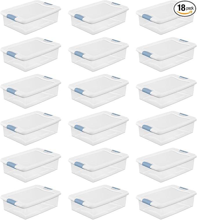 Sterilite 18-Pack Latching Box, Under Bed Storage Bins with Lids, Clear Plastic, 32 Quart - Heavy-Duty Organizing Containers for Closet, Bathroom, and Office