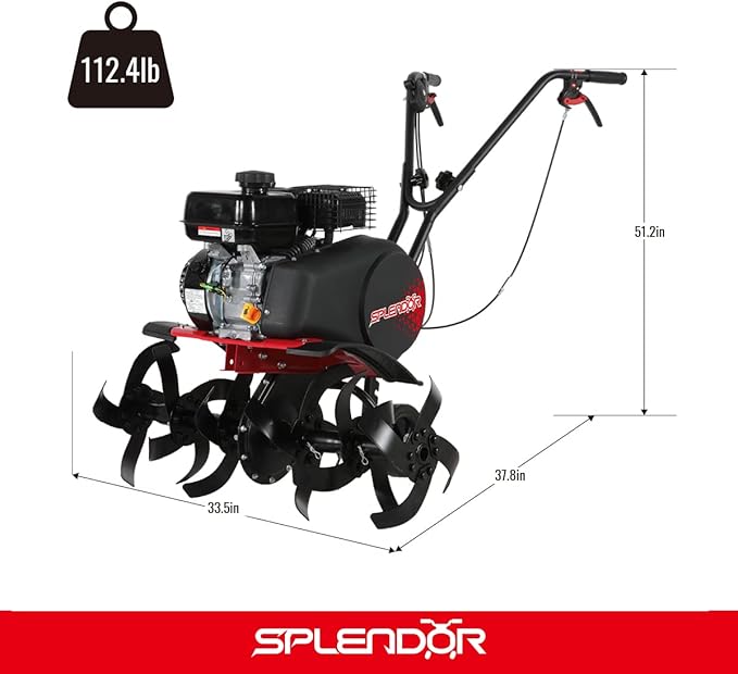 SPLENDOR Gas Powered Tiller 4 Cycle Engine 212CC Working Width Adjustable 13in-22in-33.5in
