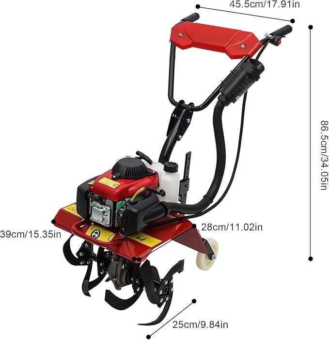 Gas Powered Tiller, 63Cc 4-Stroke Soil Cultivator Mini Tiller Cultivator Garden Tiller Hand Rotary Cultivator Rototiller Garden Tool with Long Handle for Lawn Garden Soil Cultivation 1600W