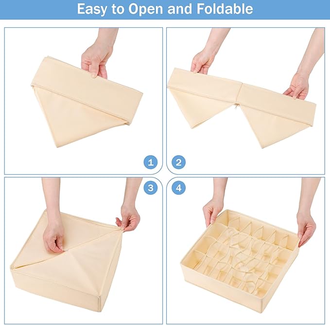 Foldable Storage Cubes Drawer Underwear Organizer Dividers， under Cabinet Organizer 24-Cell Fabric Storage Boxes for Lingerie,Socks,Ties（Creamy-White）