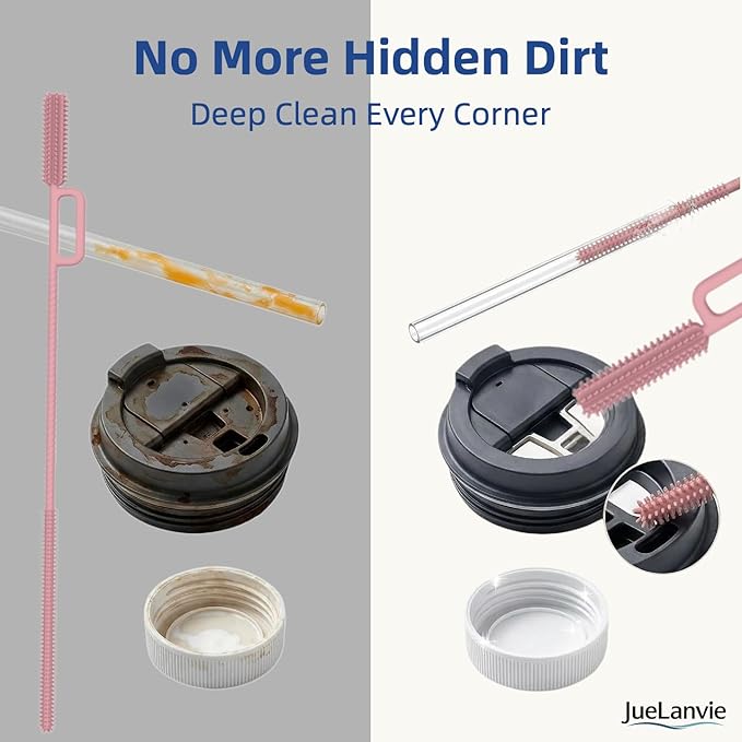 2-in-1 Dual-Head Straw Brush, Silicone Cleaning Brush for Straws & Lid Gaps, Long Flexible for Tumblers & Bottles, Non-Slip Handle, No-Scratch, 2 Pack (6mm & 9mm), Durable & Reusable (Dusty Rose)