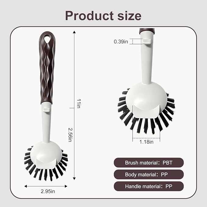 Dish Brush, 2 Pack with Comfortable Handle, with Built-in Scraper, Scrub Brush with Medium Firm bristles for Cleaning Dishes, Sink, Pots (Brown)