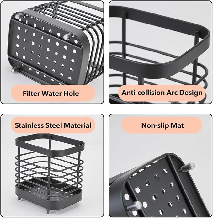 2 PCS Utensil Holder Stainless Steel Drying Rack Kitchen Counter Cutlery Silverware Flatware Drainer Caddy Forks, Knives, Spoons, Chopsticks Organizer (Black, Silver)