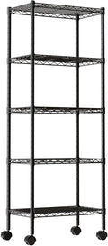 DUMOS Industrial 5 Level Grid Storage Rack ，Mobile Metallic Shelving System with Lockable Wheels， Multi-Purpose Cabinet for Workshop, Culinary Space, Storeroom, Washroom & Restroom Black