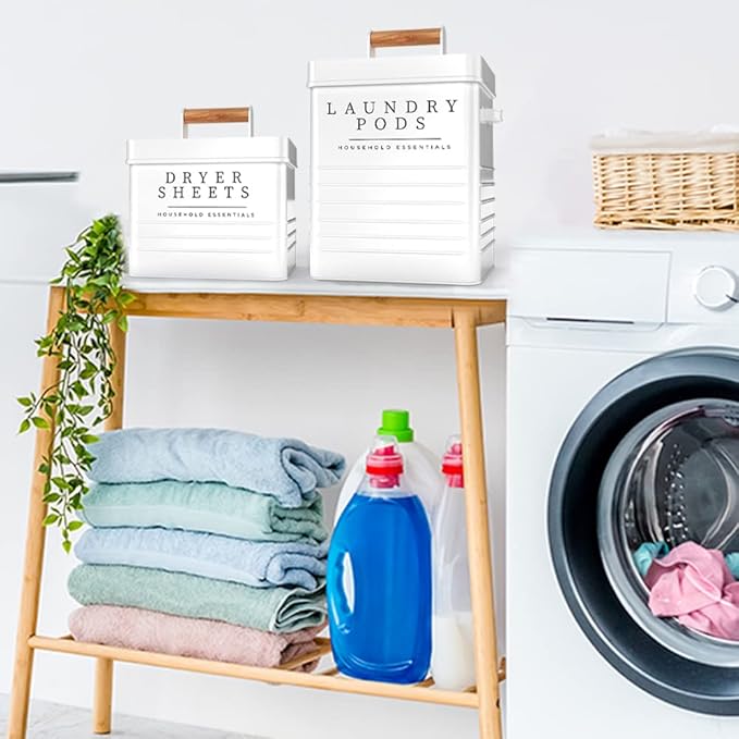 KOANEssentials Farmhouse Metal Laundry Pods Container with Dryer Sheet Holder for Laundry Room Organization and Storage, Farmhouse Decor, Eco Frendly,Holds 200 Laundry Pods and 300 Dryer Sheets