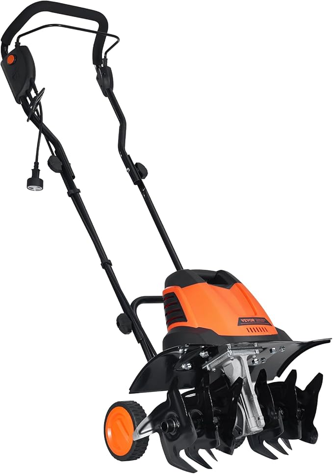 VEVOR 12 Amp Electric Tiller, 18" Tilling Width & 3.94" Tilling Depth, Corded Electric Cultivator with Adjustable Wheels, Steel Mn Tines, Rototiller for Garden Lawn Easy Soil Digging Cultivation