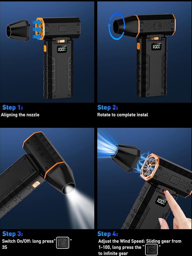 Compressed Air Duster 130000RPM Electric Duster with LED Light, 100 Gear Adjustable Rechargeable Cordless Air Blower Cleaning Tool for Keyboard,Orange
