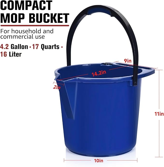 Matthew Cleaning 4.2 Gallon Mop Bucket, Heavy Duty Plastic Cleaning Bucket with Built-in Pour Spout, Mop Holder and Comfort Grip Handle, House and Commercial Cleaning Supplies, Case Pack 12 Pcs Blue