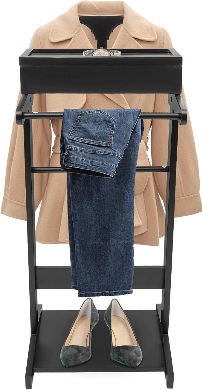 TFCFL Wooden Suit Rack with Drawer & Trouser Holder, Multi-functional Coat Stand for Hats/Scarves/Belts, Space-Saving Standing Suit Valet Stand for Home/Office, 22lbs Load Capacity (Black)