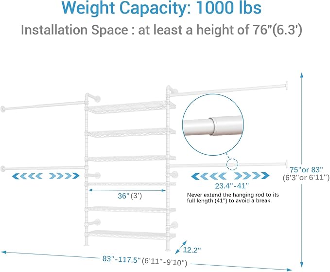 Timate S3X PLUS Closet System, Expandable Wall Mounted Closet with 6 Adjustable Shelves & 4 Expandable Hanger Rods, Industrial Pipe Clothing Rack for Hanging Clothes, Fits Spaces 6'11"- 9'10", White