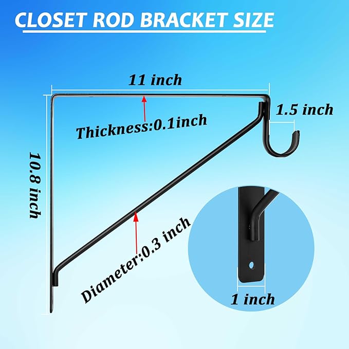 8 Pack Heavy Duty Closet Shelf & Rod Brackets 11 x 11 Inch, 300lbs Closet Shelf Bracket with Rod Holder for Home and Closet Decor, Wall Mount Closet Pole Support Bracket with Screws, Black